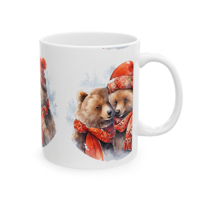 Cozy Winter Bear Couple Ceramic Mug — Cute Bears in Red Hats & Scarves 11oz   Item #98824