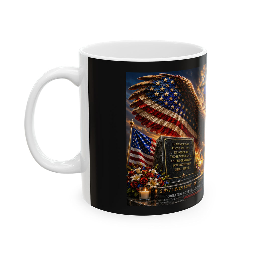 25th Anniversary 9/11 Memorial Ceramic Mug — 'We Will Never Forget' Patriotic Eagle Tribute 11oz  Item #36786