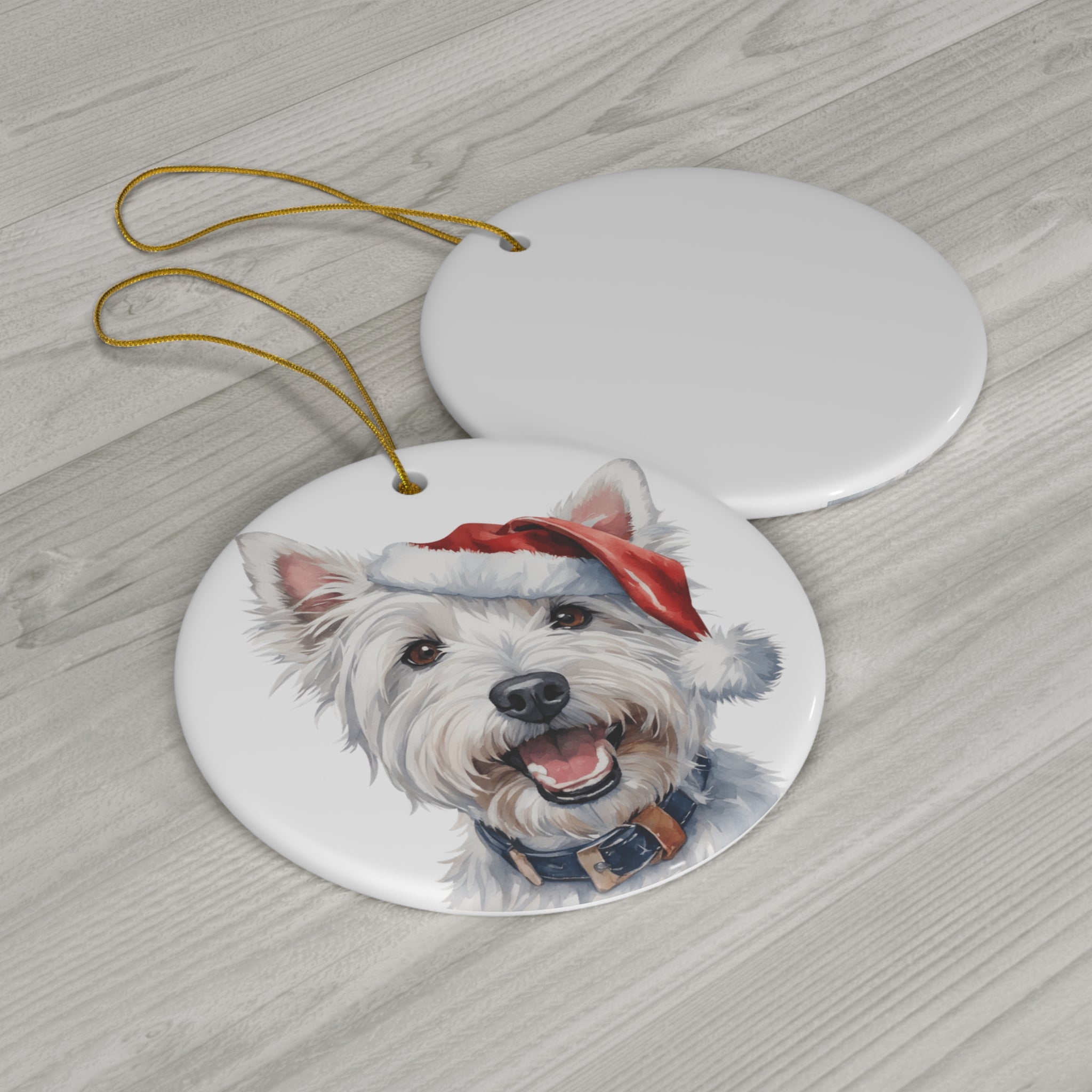 West Highland White Terrier Dog With Santa Hat Ceramic Disc Ornament          Item #5902506