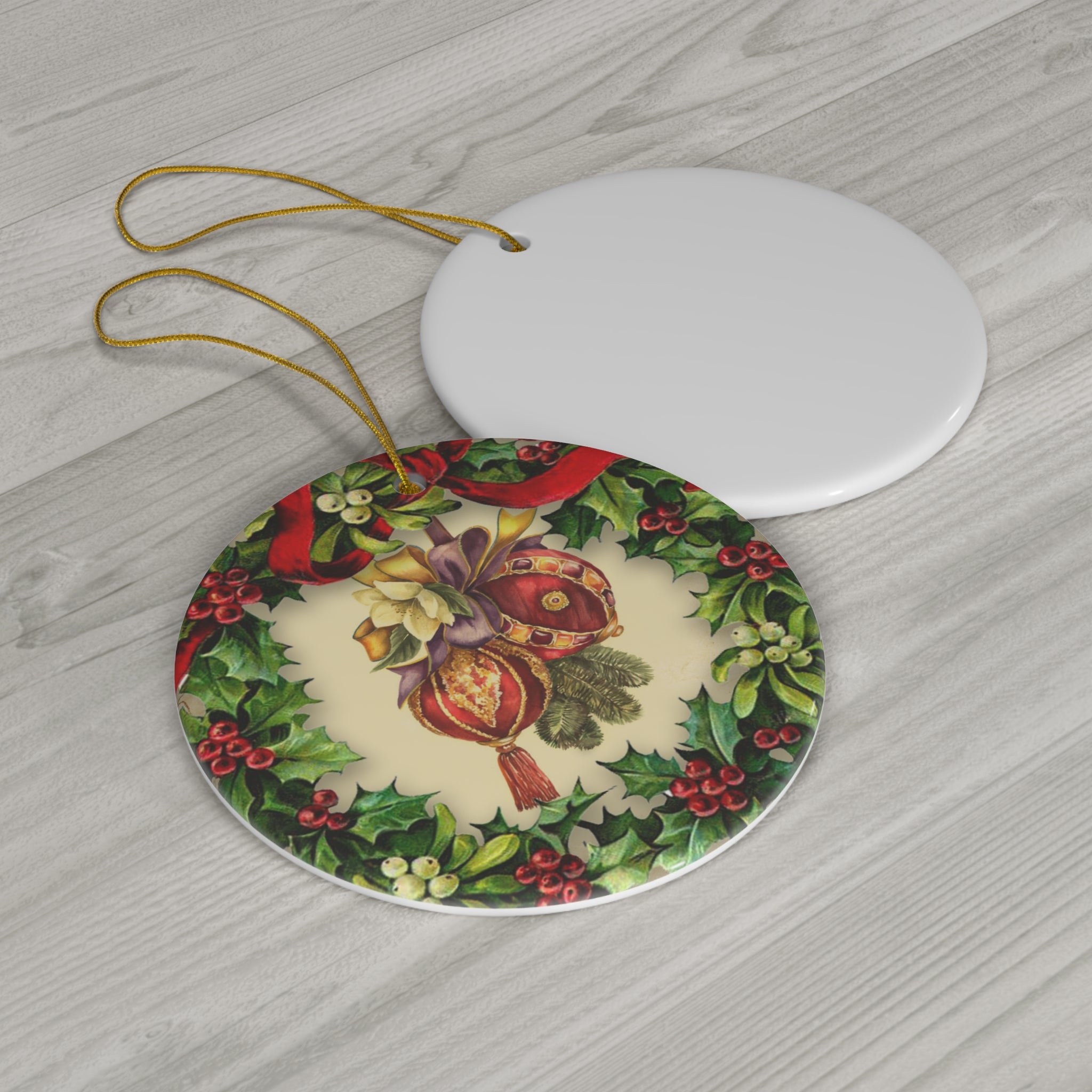 Wreath With Ornaments Ceramic Disc Ornament       Item #9663332 - Buckshot's Bargain Barn