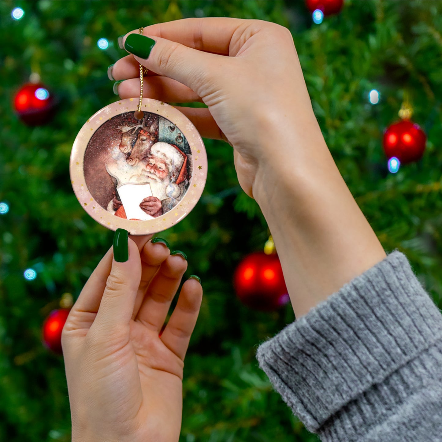 Santa And Reindeer Ceramic Disc Ornament        Item #1866185