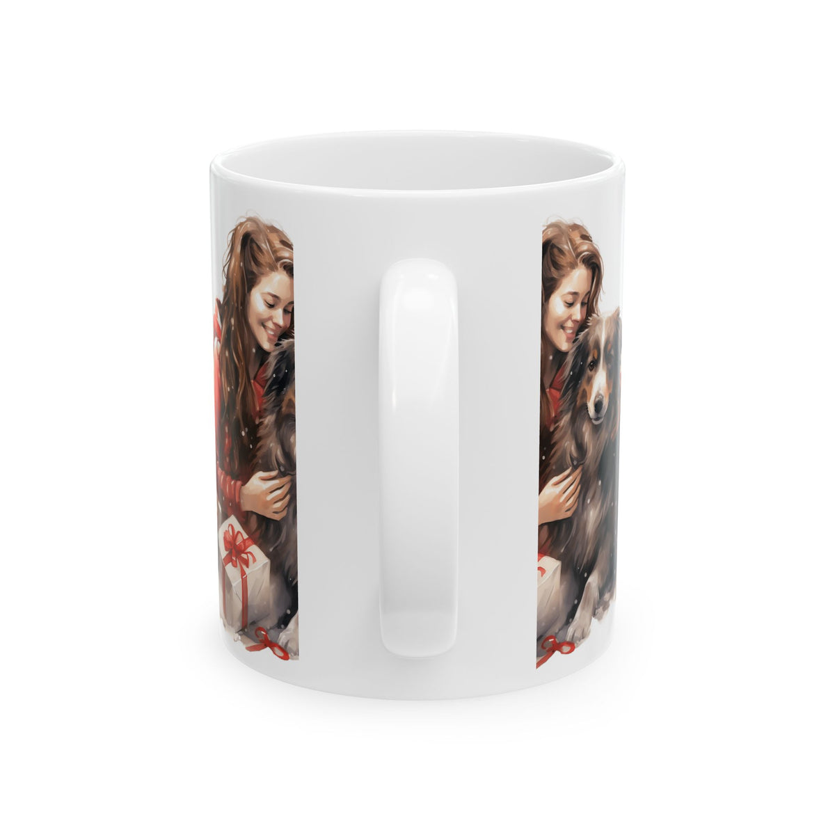 Holiday Dog Lover Mug — Woman Hugging Dog with Gifts Ceramic Mug 11oz  Item #915727