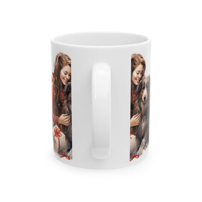 Holiday Dog Lover Mug — Woman Hugging Dog with Gifts Ceramic Mug 11oz  Item #915727