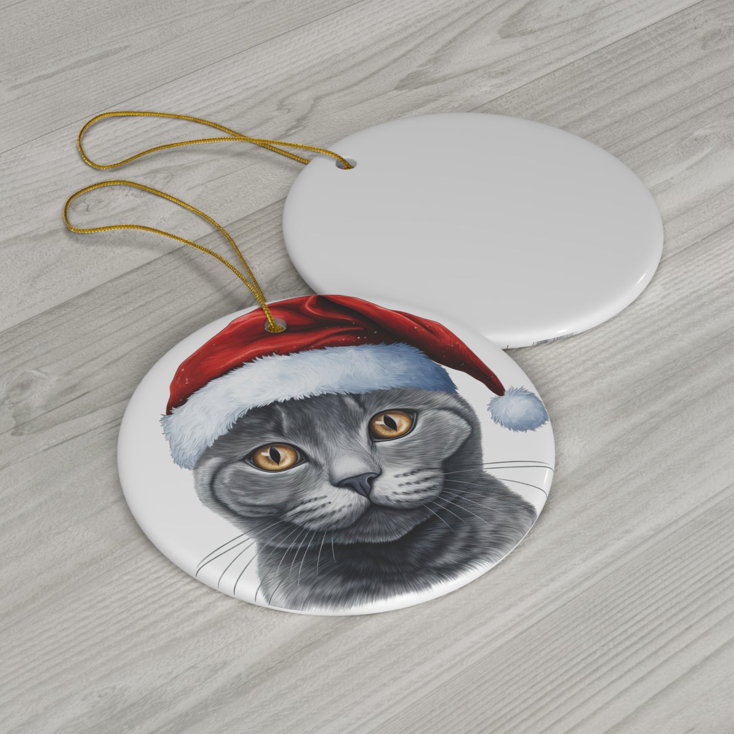 Russian Blue Cat With Santa Hat Ceramic Ornament      Item #3338484