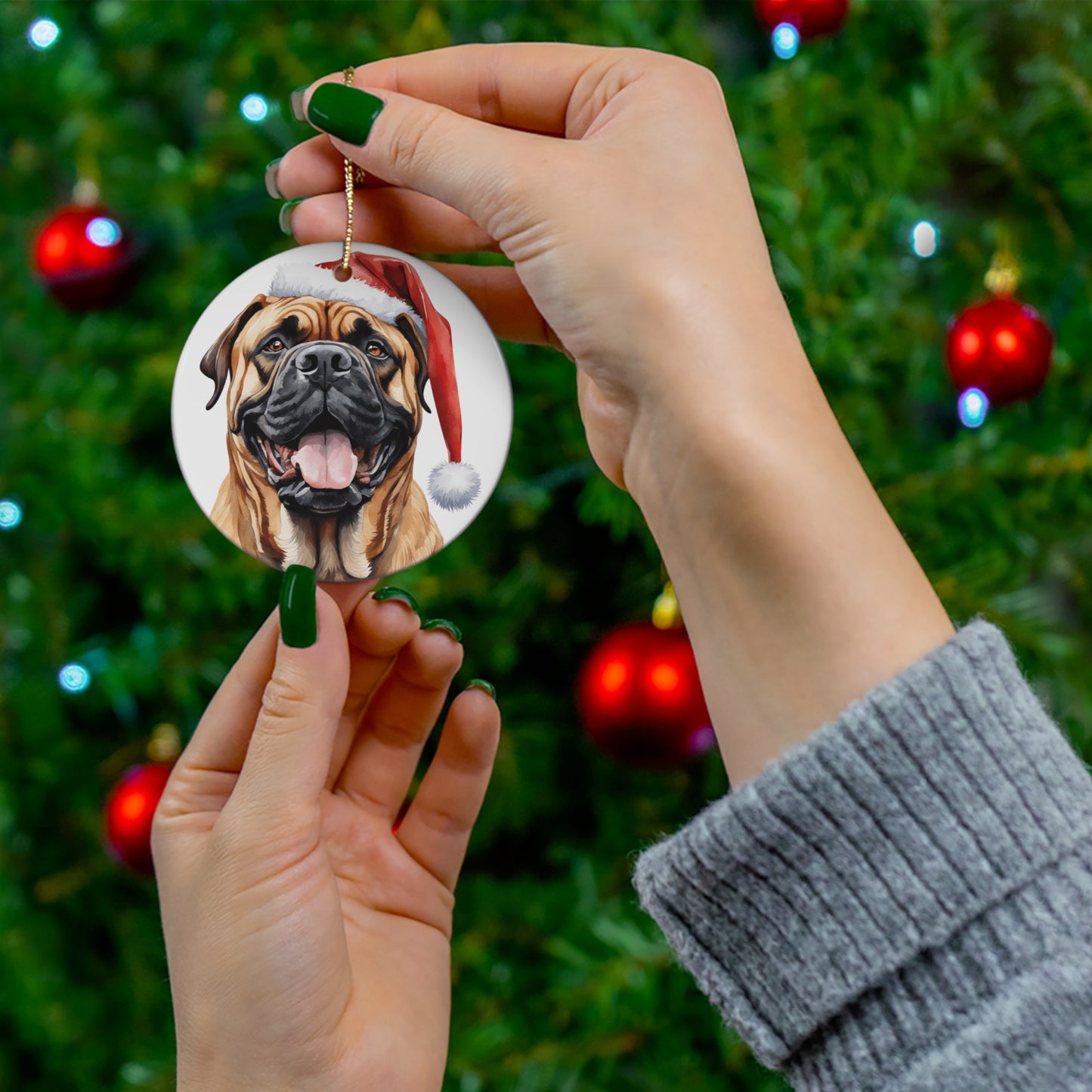 Bullmastiff Dog With Santa Hat Ceramic Disc Ornament         Item #7645113