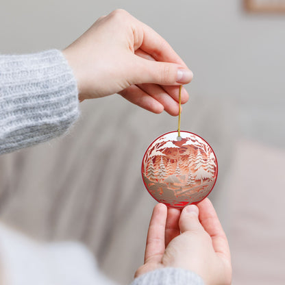 Red Ceramic Christmas Ornament with Forest Deer and Pine Trees   Item #941014