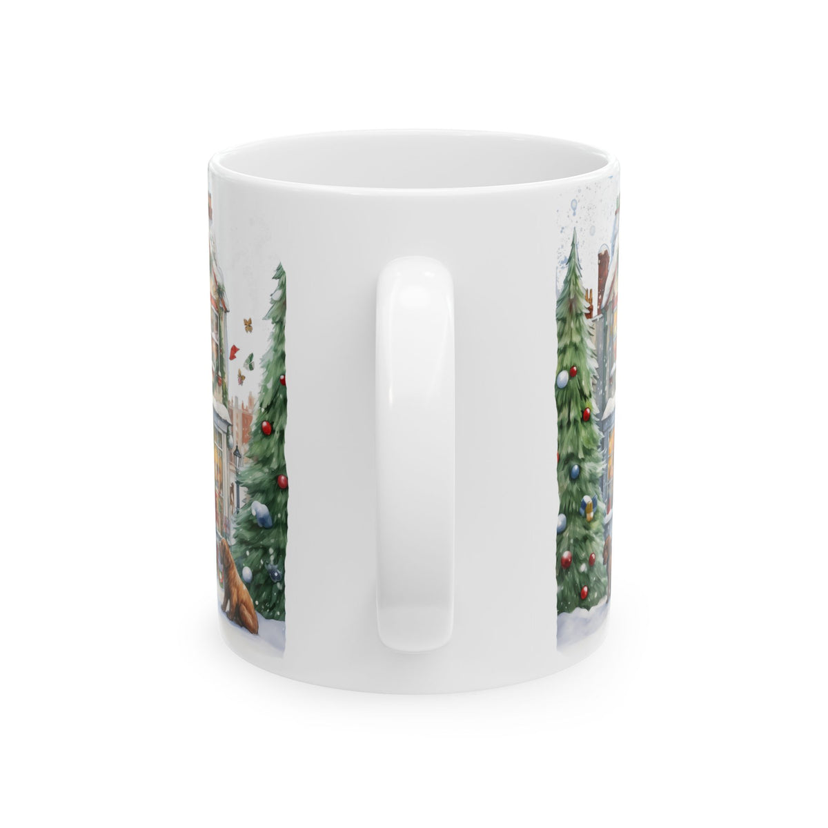 Christmas Village With Dogs Ceramic Mug with Decorated Trees and Cozy Winter Scene 11oz   Item #712165