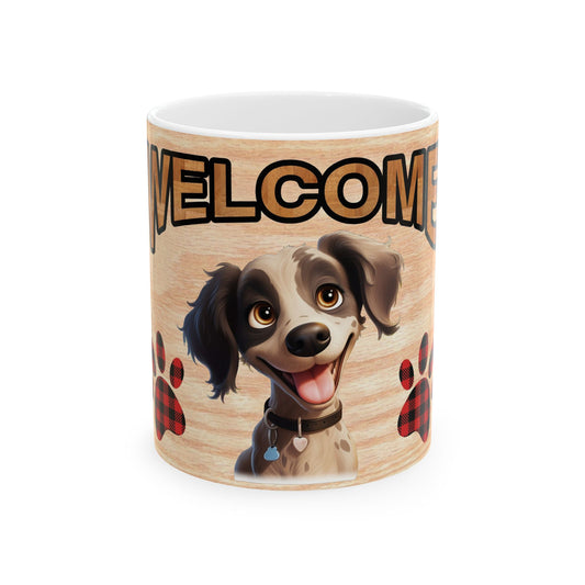 Welcome Dog Illustration Ceramic Mug – Cute Paw Print Coffee Cup 11oz    Item #199979