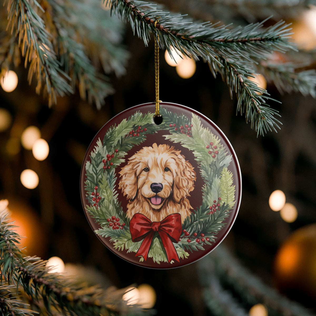 Ceramic Christmas Ornament with Festive Dog and Wreath   Item #681912