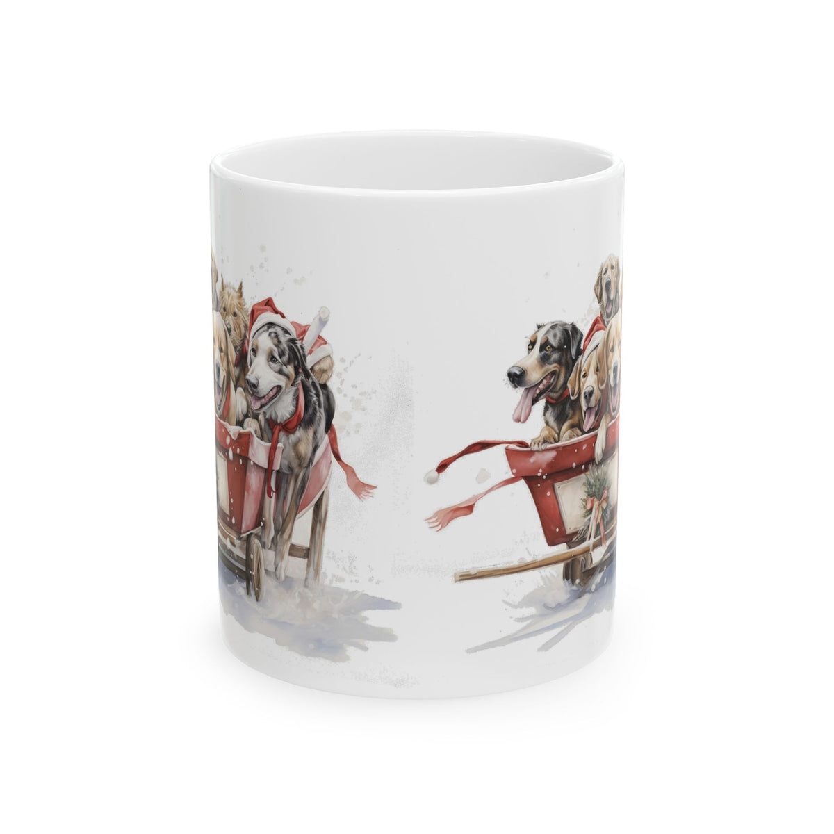 Holiday Dogs in Sleigh Ceramic Mug — Festive Christmas Coffee Cup 11oz   Item #104848