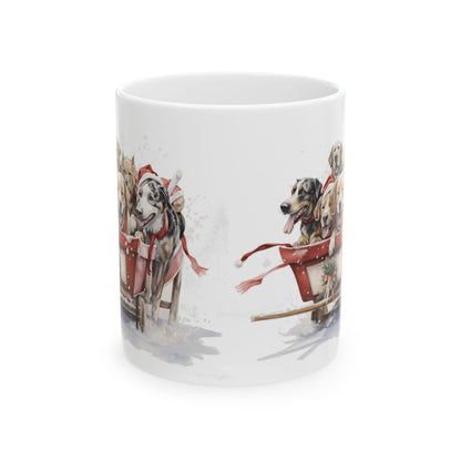 Holiday Dogs in Sleigh Ceramic Mug — Festive Christmas Coffee Cup 11oz   Item #104848