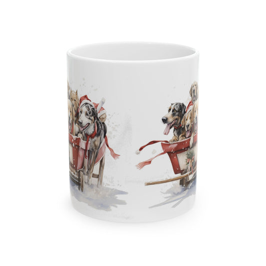 Holiday Dogs in Sleigh Ceramic Mug — Festive Christmas Coffee Cup 11oz   Item #104848