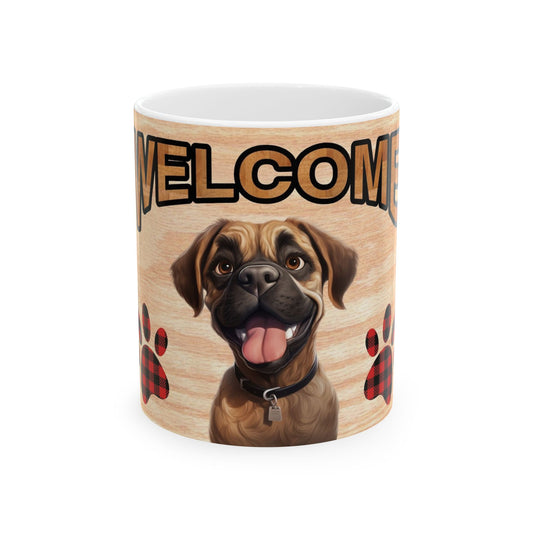 Welcome Dog Illustration Ceramic Mug – Cute Paw Print Coffee Cup 11oz    Item #428403