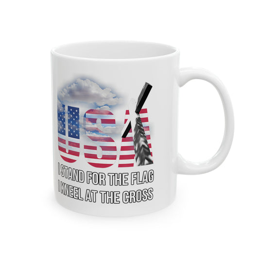 "I Stand for the Flag, I Kneel for the Cross" American Flag Faith Coffee  11oz  Item #14759