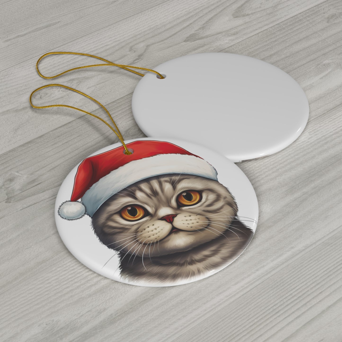 Scottish Fold Cat With Santa Hat Ceramic Ornament      Item #1392008