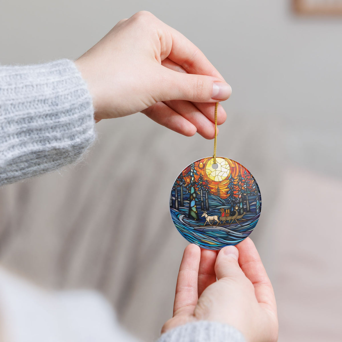 Ceramic Christmas Ornament – Stained Glass Winter Sleigh Ride Design   Item #301101