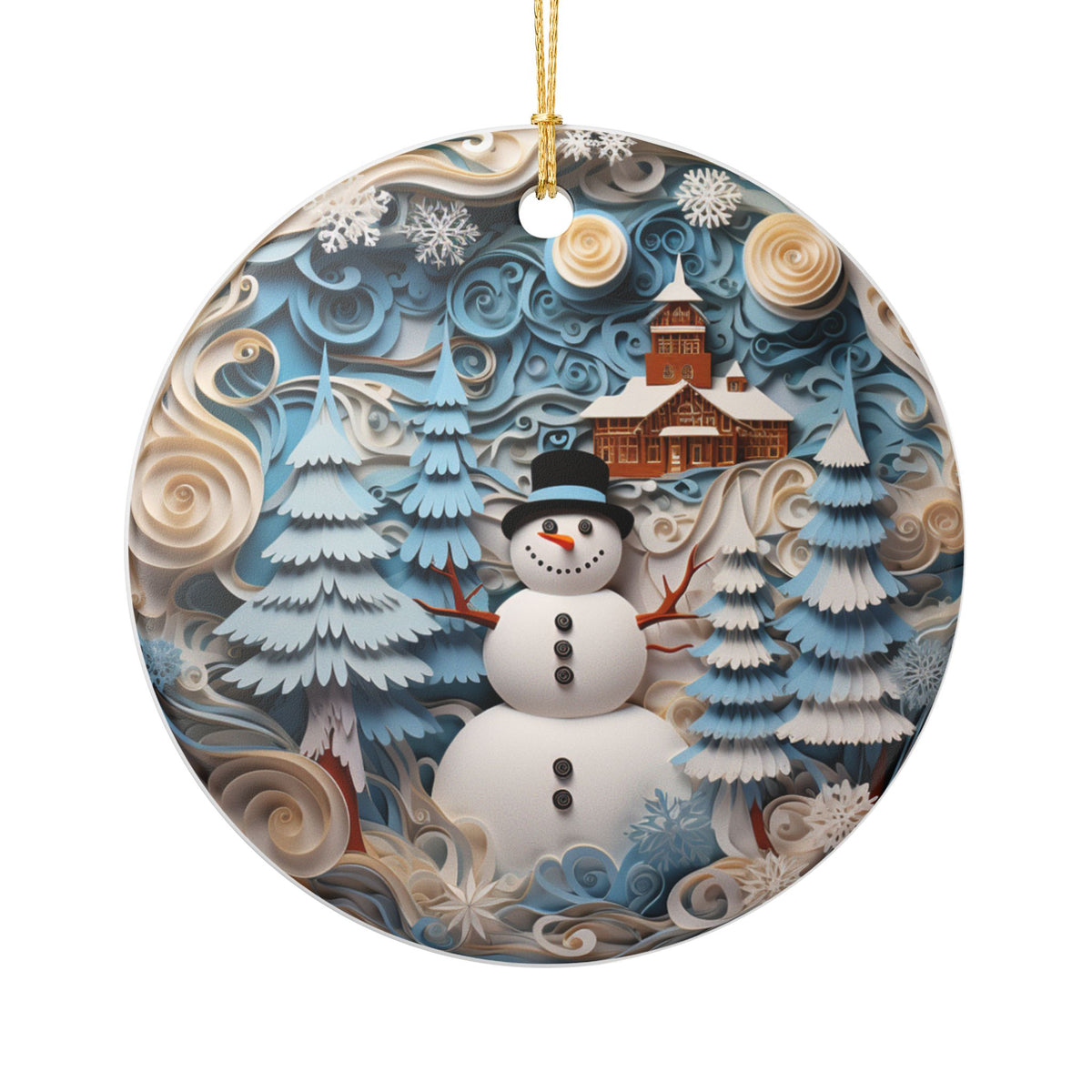 Ceramic Christmas Ornament with Snowman Winter Wonderland Design   Item #847496