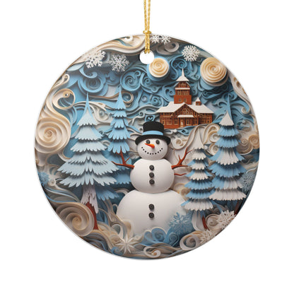 Ceramic Christmas Ornament with Snowman Winter Wonderland Design   Item #847496