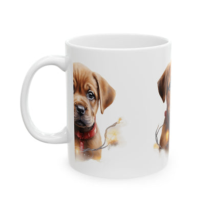 Cute Puppy Christmas Mug — Adorable Brown Puppy with Holiday Lights 11oz  Item #886832