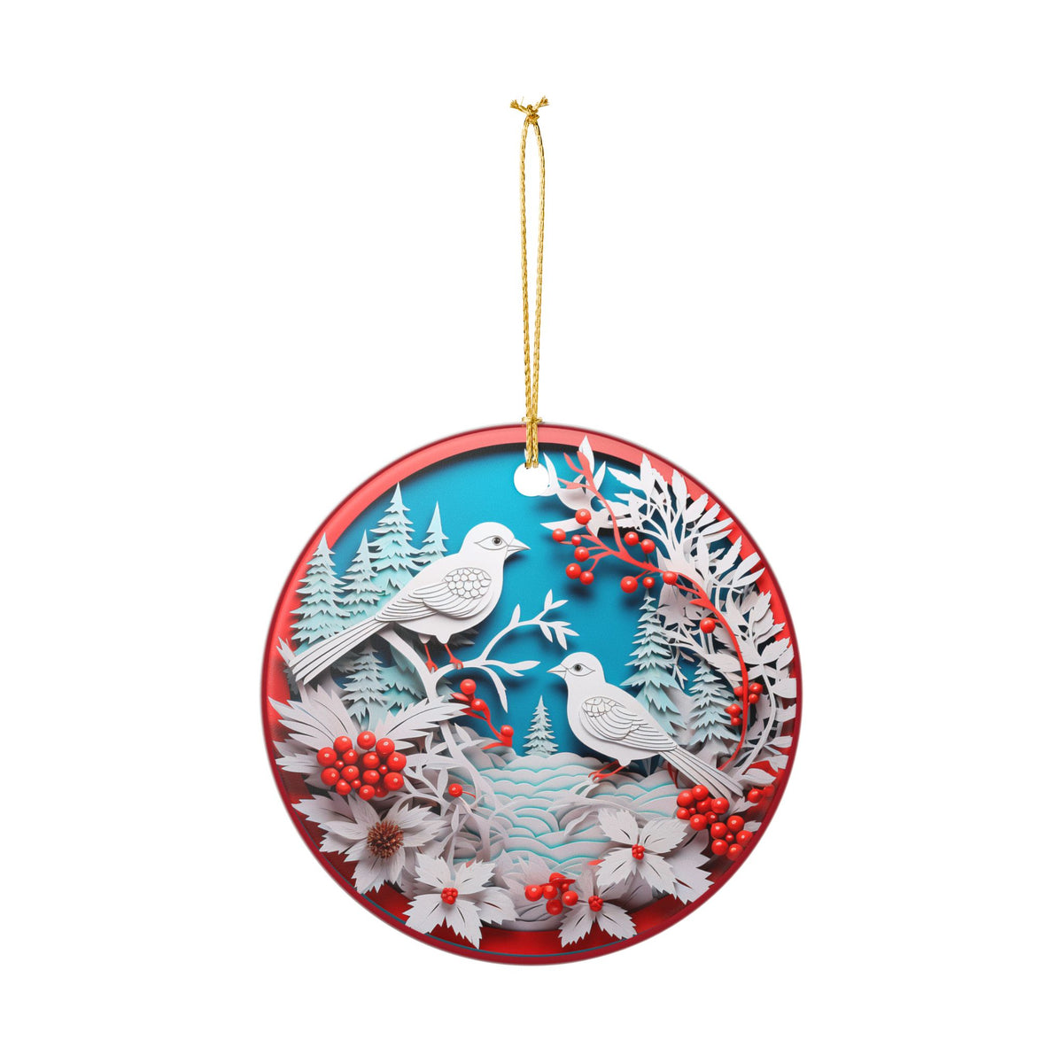 Ceramic Christmas Ornament with Winter Birds and Red Berries   Item #909837