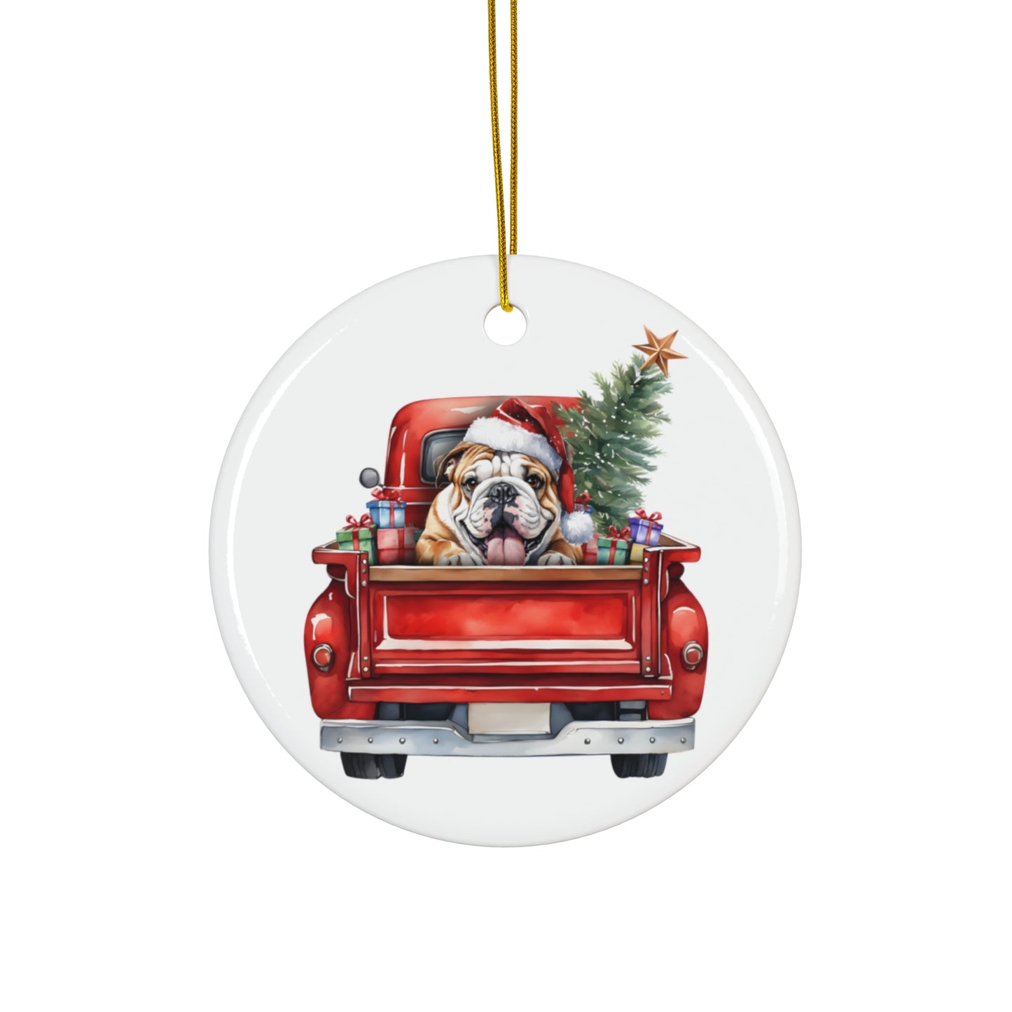 English Bulldog Christmas Dog In Red Truck Ceramic Disc Ornament        Item #7115794