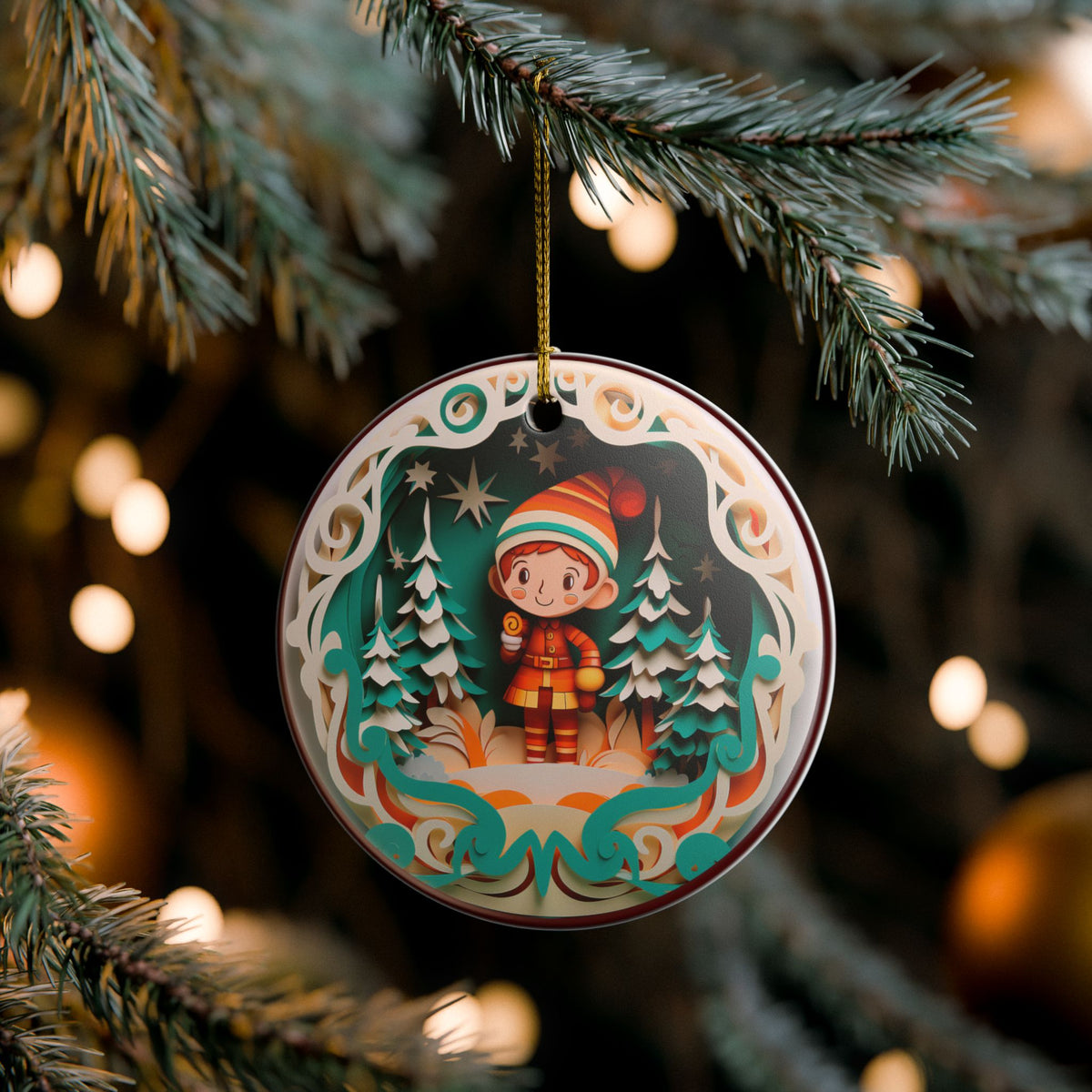 Ceramic Ornament – Whimsical Christmas Elf in Winter Wonderland   Item #117601