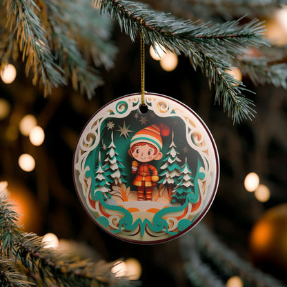 Ceramic Ornament – Whimsical Christmas Elf in Winter Wonderland   Item #117601
