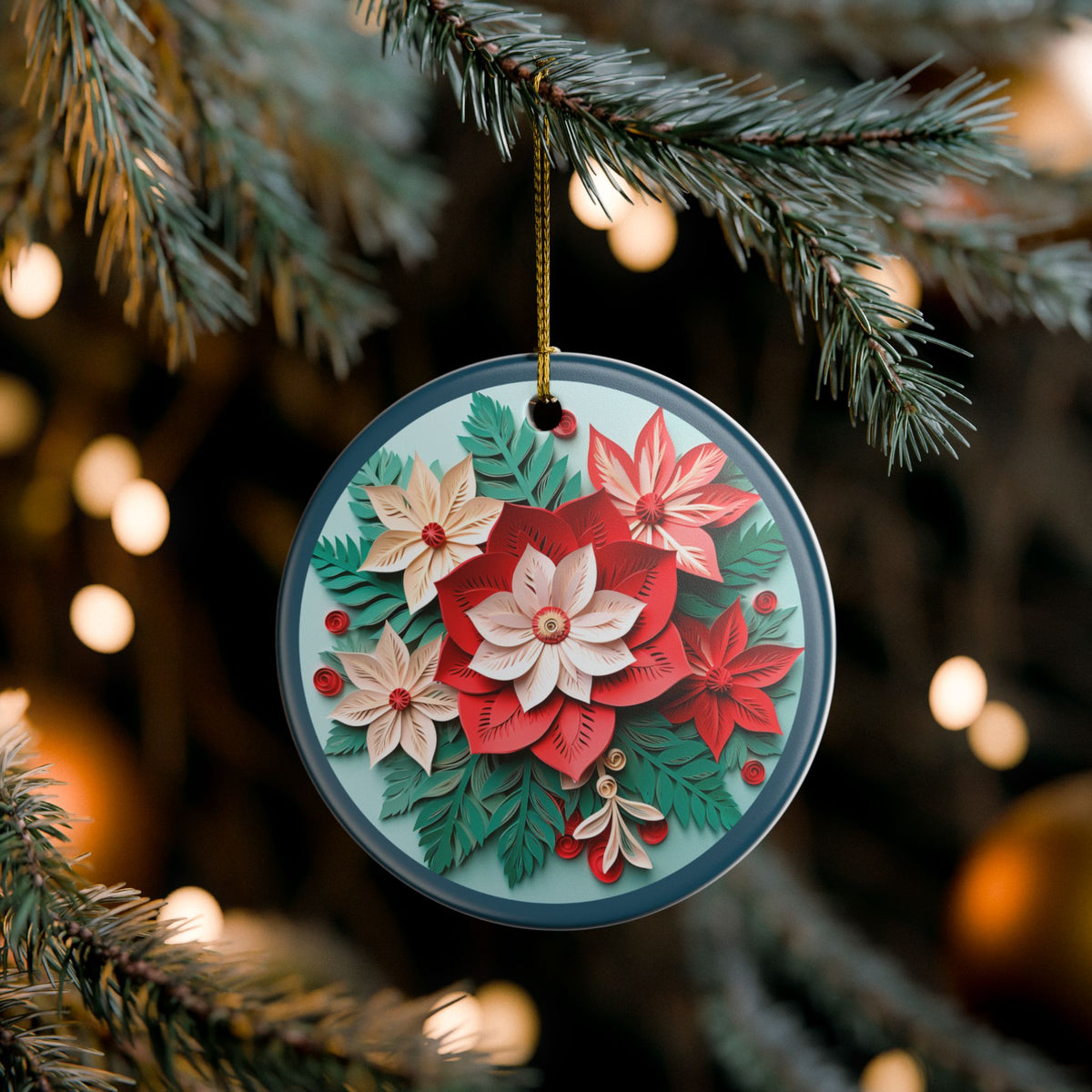 Ceramic Christmas Ornament with Colorful Poinsettia Floral Design   Item #610797