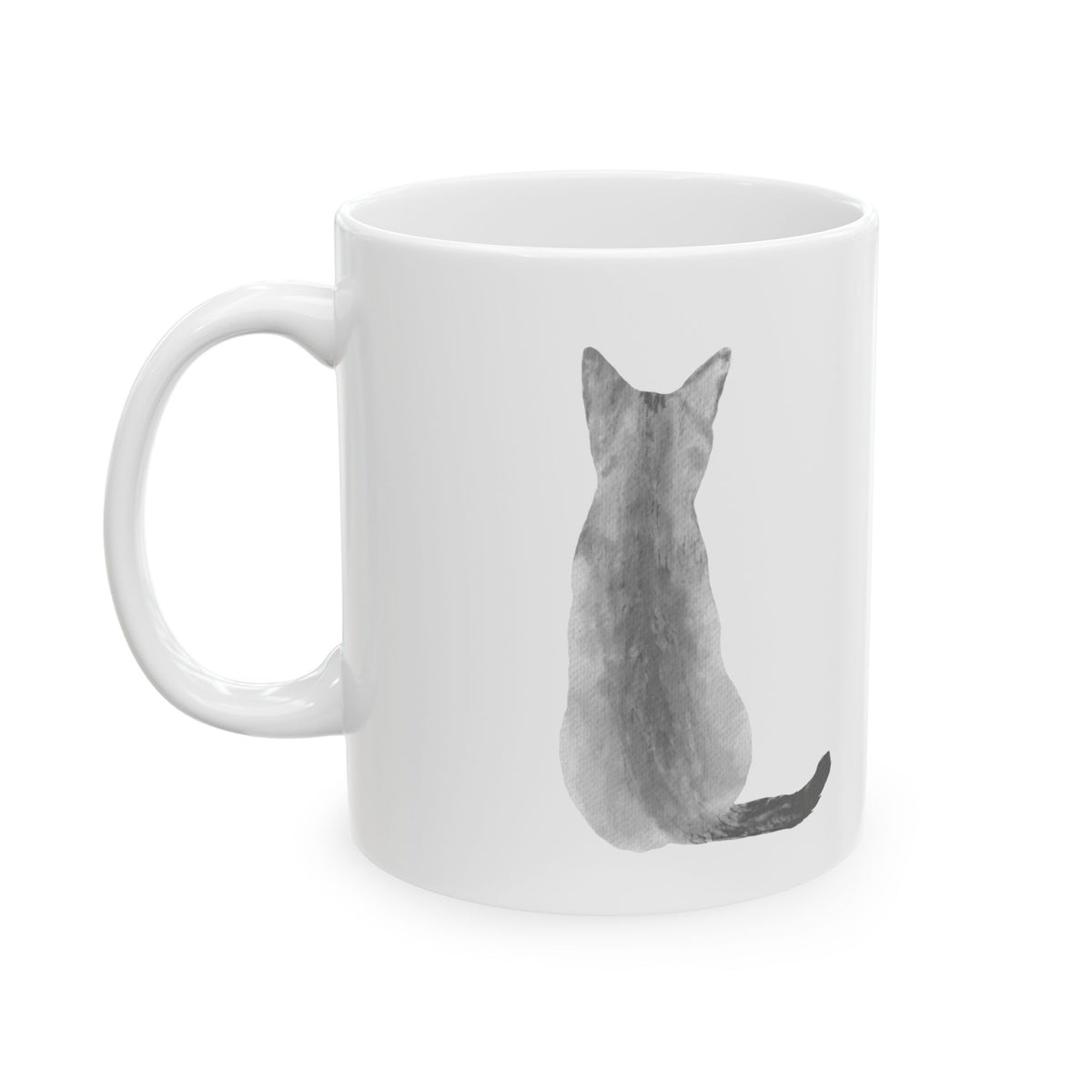 Cat Silhouette Ceramic Mug — Minimal Watercolor Cat Tail & Back Design 11oz  Item #1201