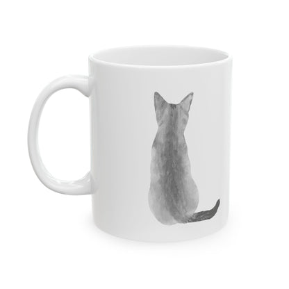 Cat Silhouette Ceramic Mug — Minimal Watercolor Cat Tail & Back Design 11oz  Item #1201