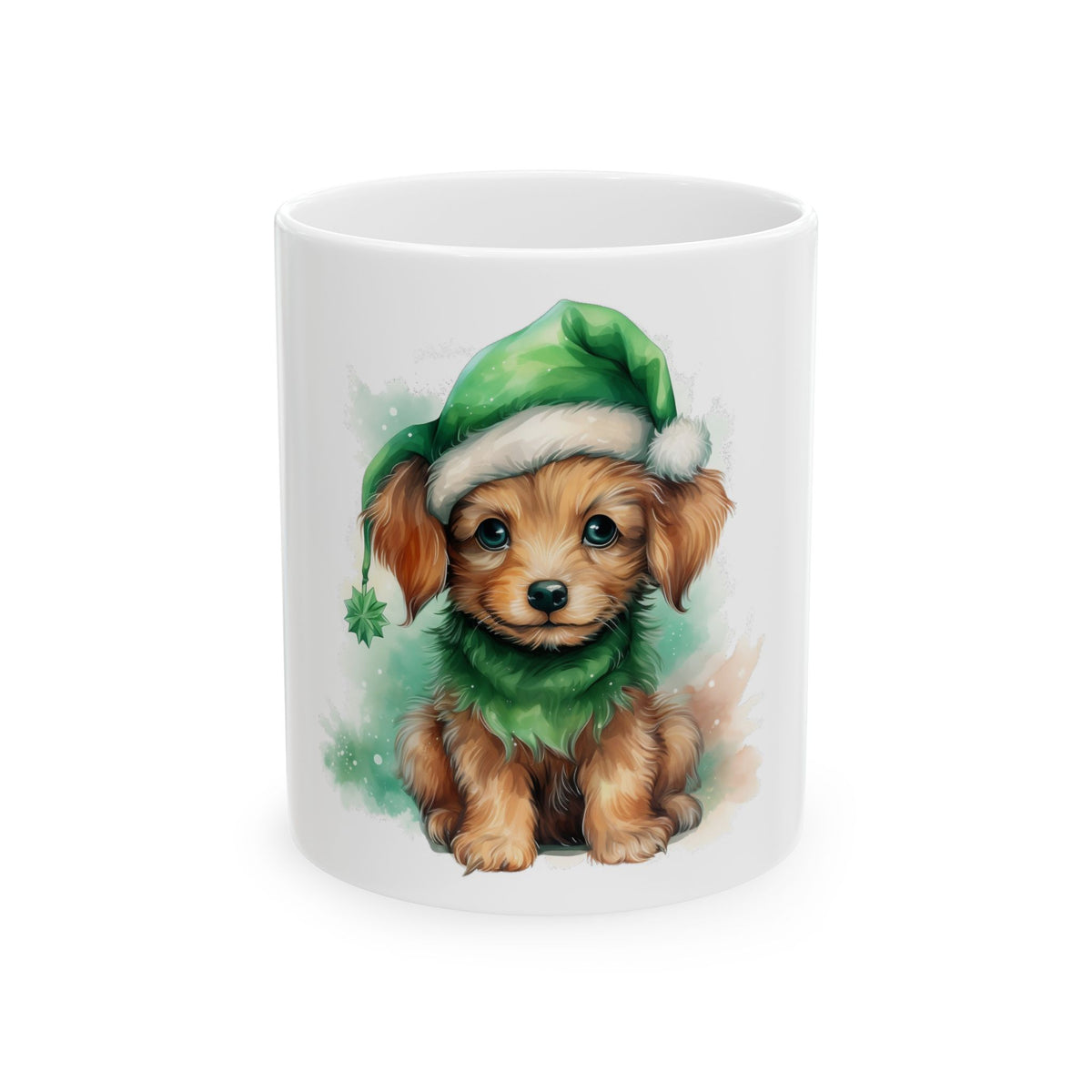 Cute Puppy Christmas Mug — Adorable Dog in Green Santa Hat 11oz  Item #664681