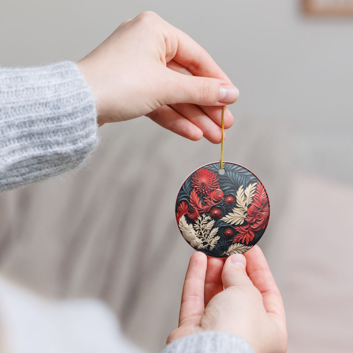 Floral Ceramic Ornament – Red, Cream & Black Botanical Holiday Decor   Item #400784