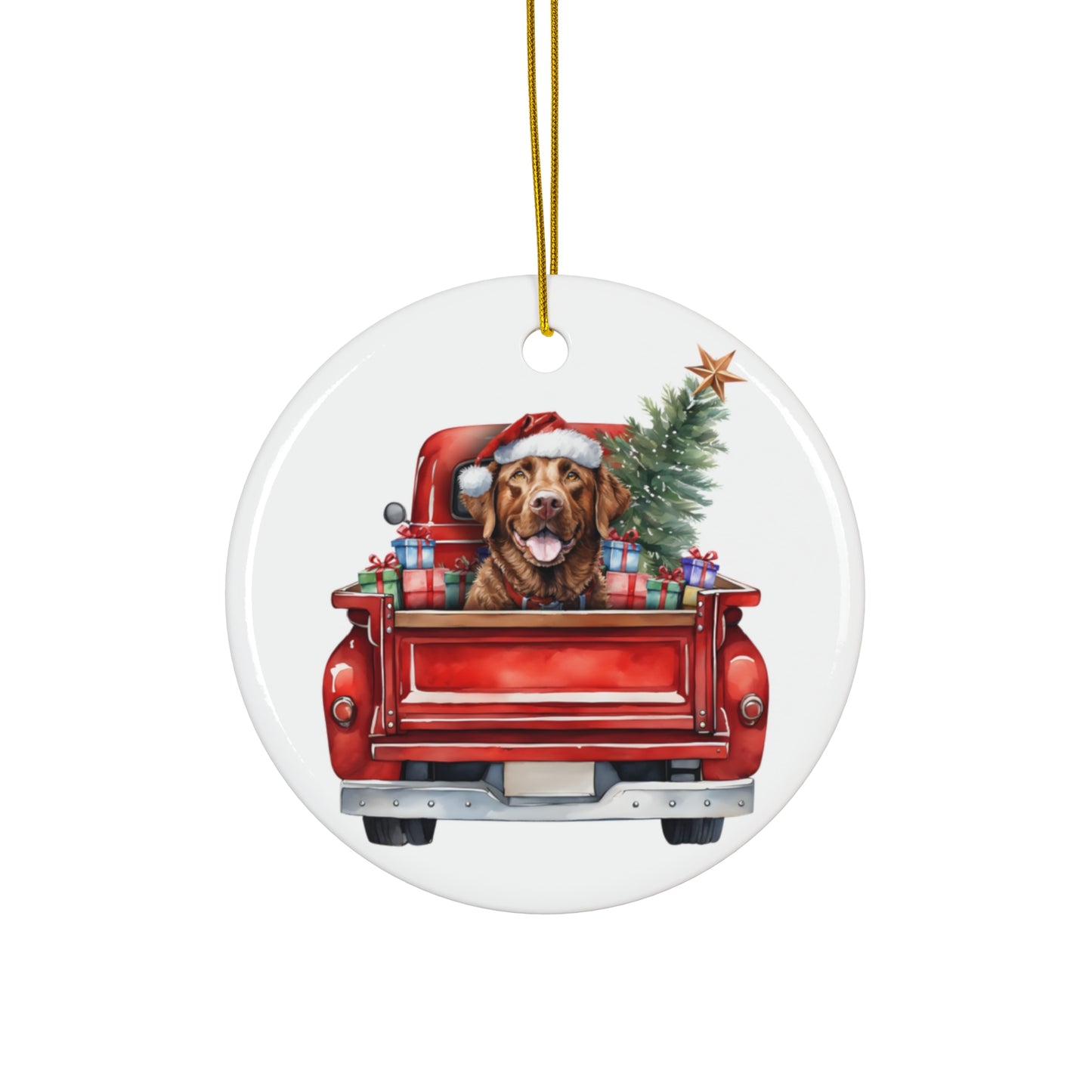 Chesapeake Bay Retriever Christmas Dog In Red Truck Ceramic Disc Ornament          Item #8513729