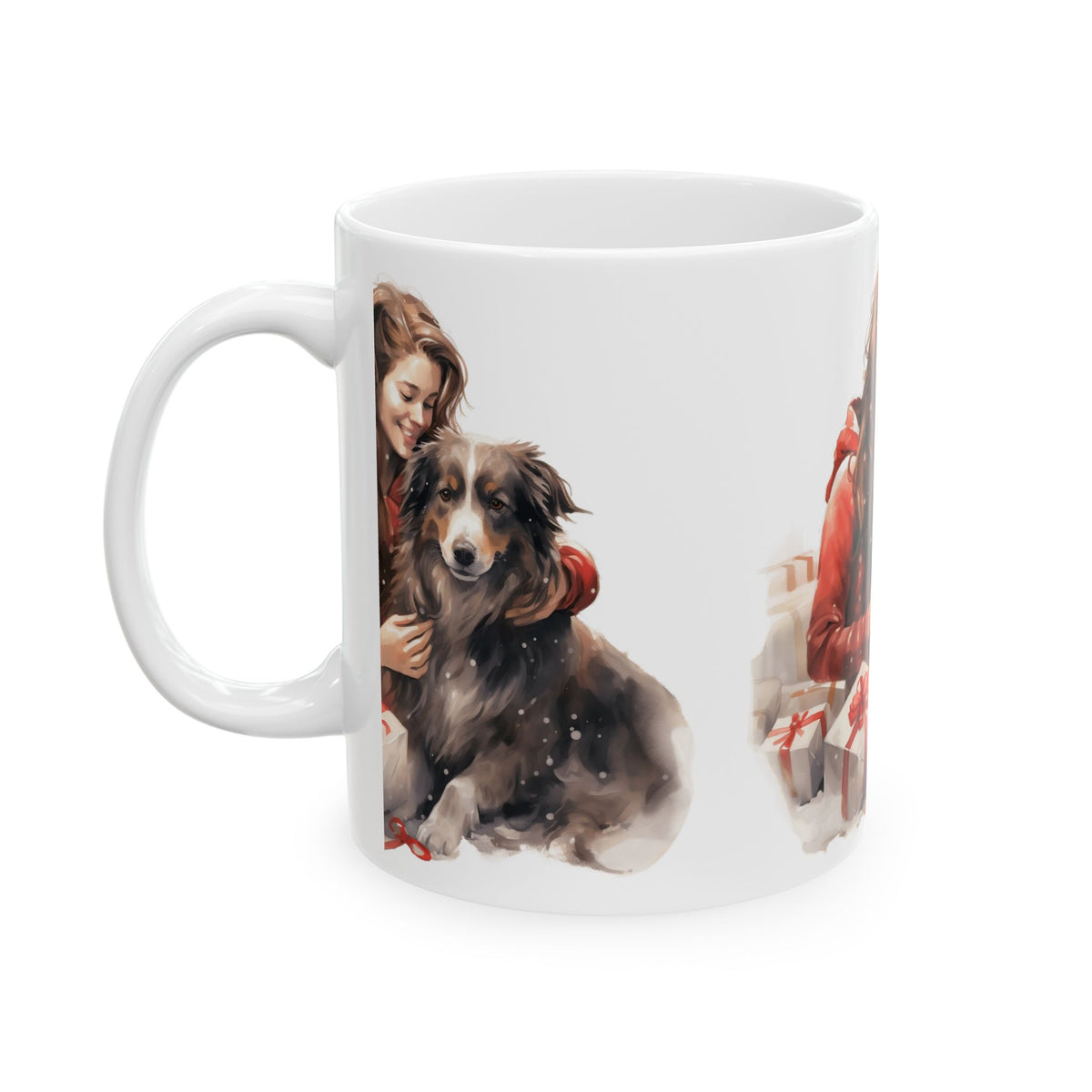 Holiday Dog Lover Mug — Woman Hugging Dog with Gifts Ceramic Mug 11oz  Item #915727