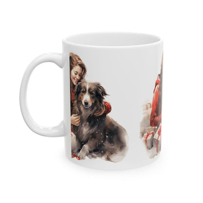 Holiday Dog Lover Mug — Woman Hugging Dog with Gifts Ceramic Mug 11oz  Item #915727