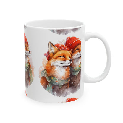 Whimsical Winter Foxes Ceramic Mug — Cute Fox Couple Coffee Cup 11oz   Item #5598