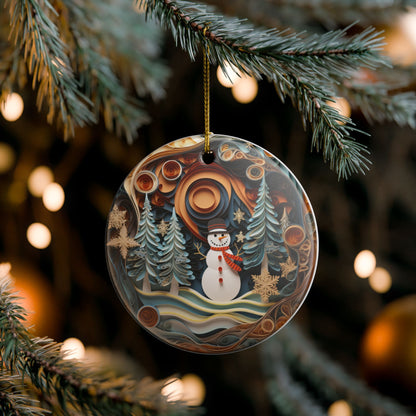 Ceramic Christmas Ornament with Snowman and Winter Forest Design   Item #441402