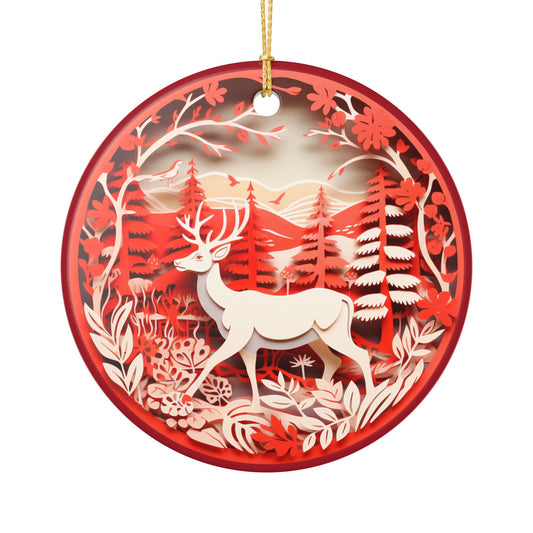 Ceramic Christmas Ornament – Red Reindeer Forest Holiday Decoration   Item #928701