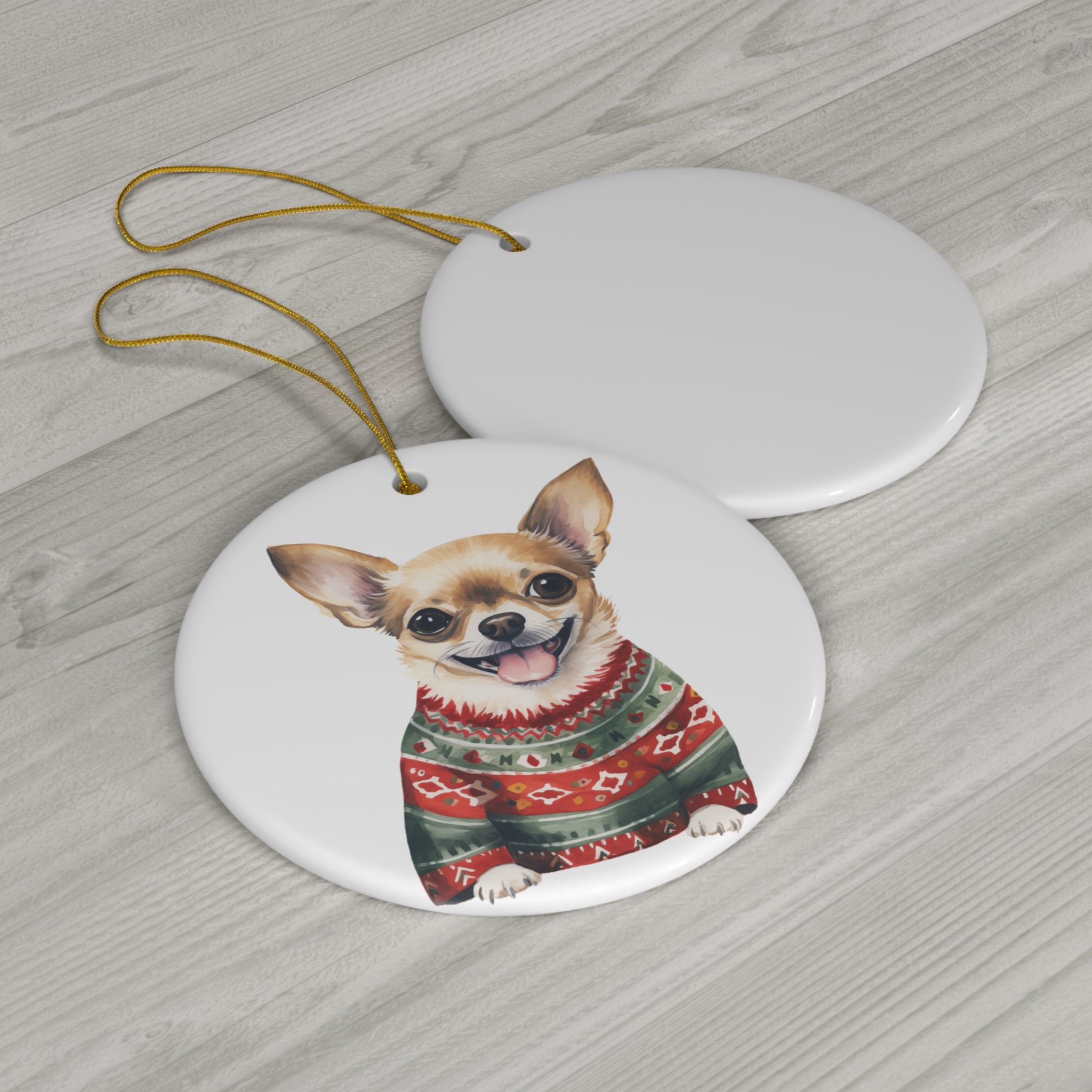 Dog With Christmas Sweater Ceramic Disc Ornament              Item #5194485