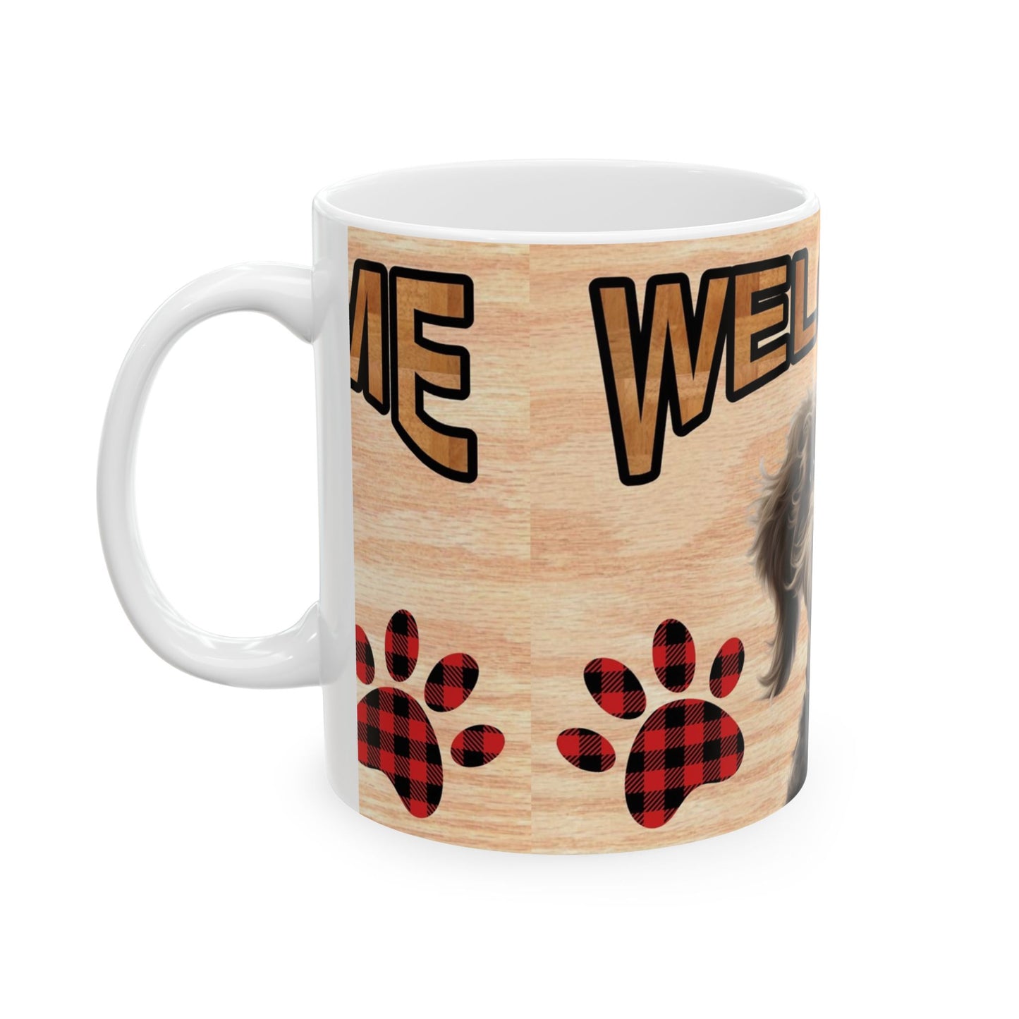 Welcome Dog Illustration Ceramic Mug – Cute Paw Print Coffee Cup 11oz    Item #801261