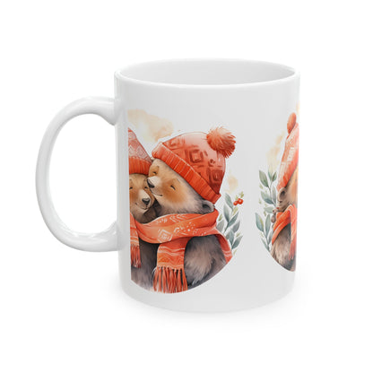 Cute Bear Couples Mug — Cozy Winter Bears in Matching Hats & Scarf 11oz   Item #17205