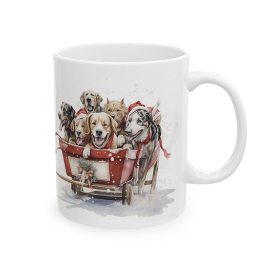 Holiday Dogs in Sleigh Ceramic Mug — Festive Christmas Coffee Cup 11oz   Item #104848