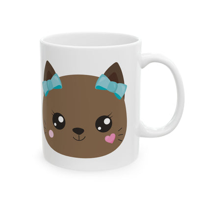 Cute Brown Cat Face Mug with Blue Bow – Kawaii Kitten Ceramic Coffee Cup 11oz    Item #616709