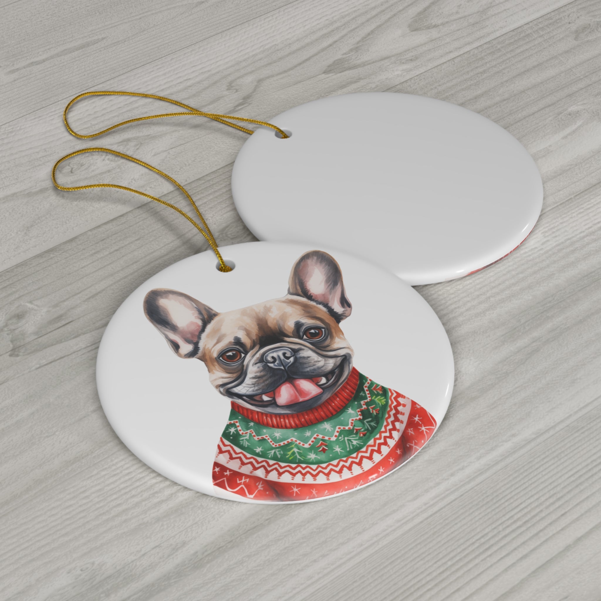 Dog With Christmas Sweater Ceramic Disc Ornament           Item #513172