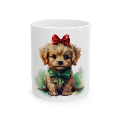 Cute Puppy Christmas Mug — Adorable Yorkie with Red Bow & Green Ribbon 11oz   Item #901071