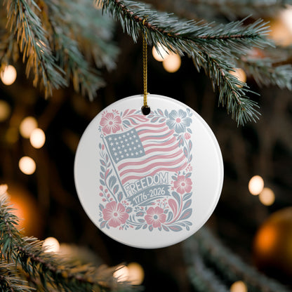 Freedom 1776-2026 Ceramic Ornament — Patriotic American Flag Floral Decoration   Item #31956
