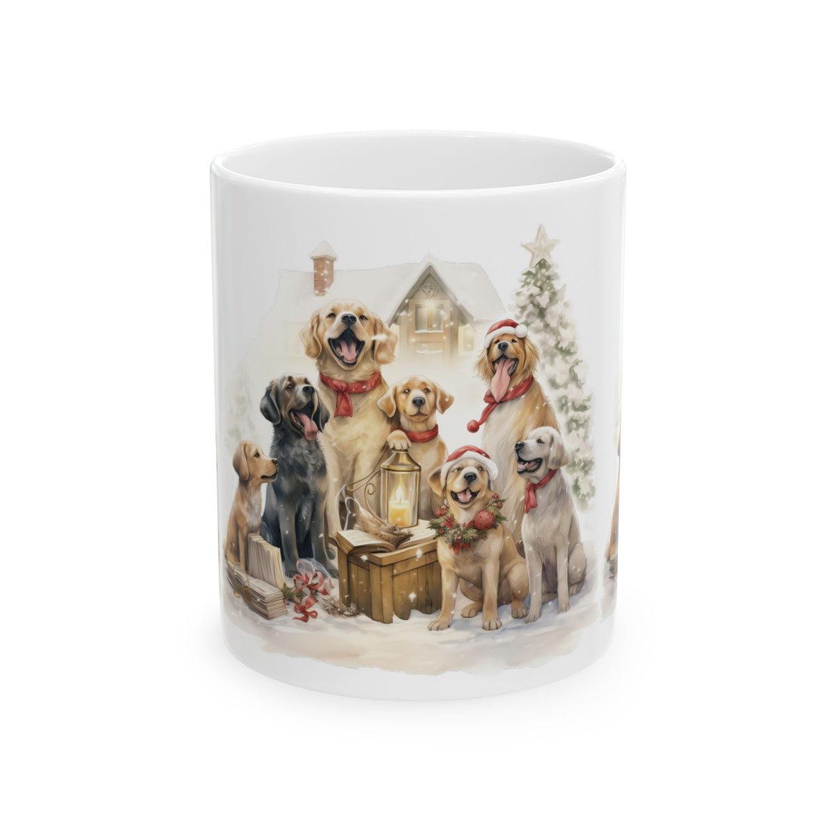 Holiday Dogs Ceramic Mug — Festive Labrador & Golden Retriever Christmas Coffee Cup 11oz  Item #647324