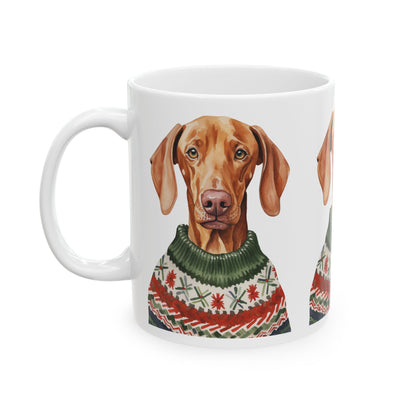 Dog Lover Mug — Vizsla in Festive Christmas Sweater Ceramic Coffee Cup 11oz   Item #91035