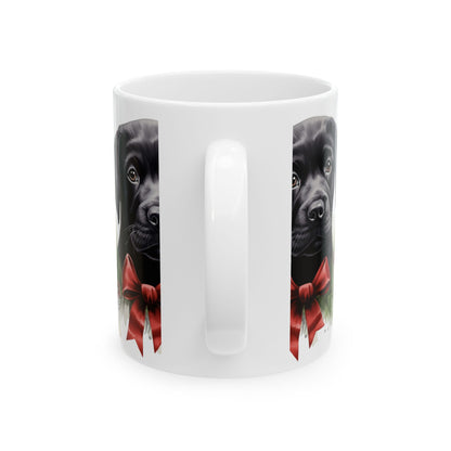 Christmas Black Labrador Mug with Holiday Wreath and Red Bow 11oz   Item #957943