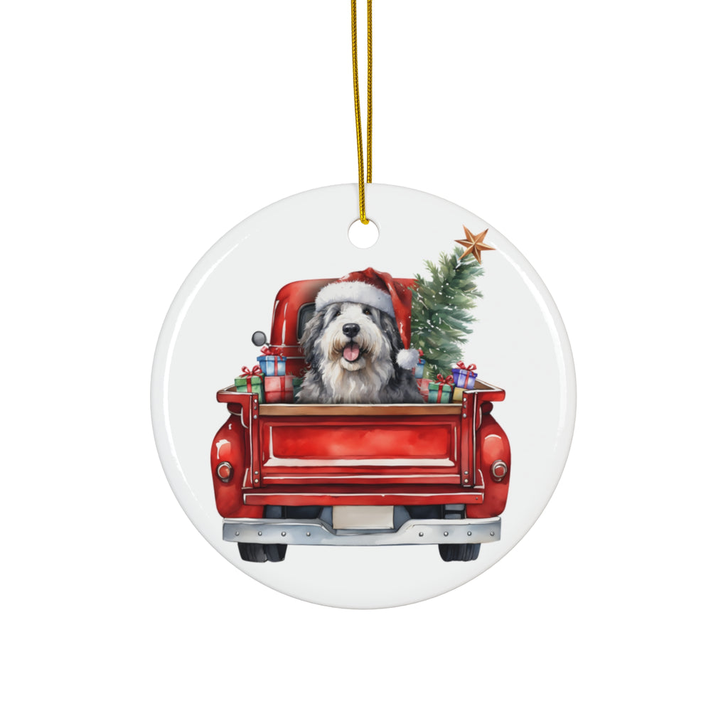 Old English Sheepdog Christmas Dog In Red Truck Ceramic Disc Ornament          Item #9733547 - Buckshot's Bargain Barn